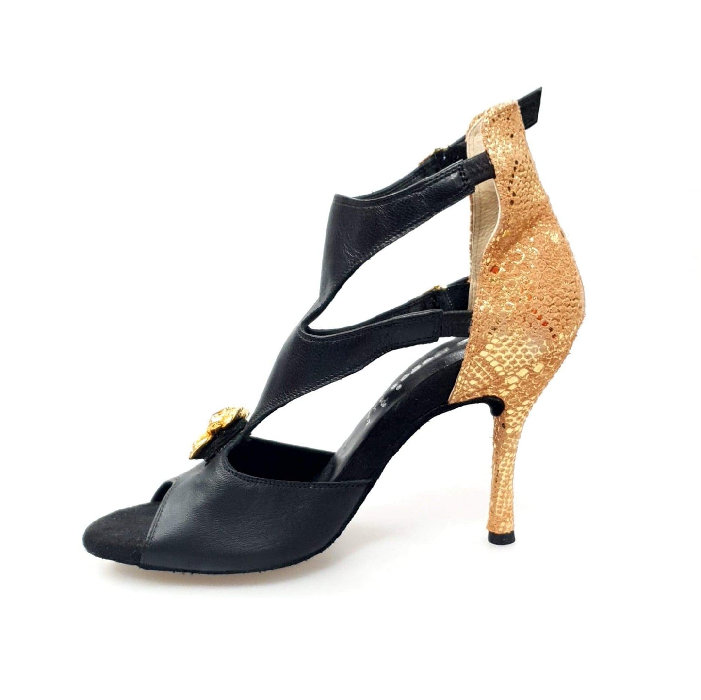 Sandalo donna Outlet Anna in pelle nera con tacco pitonata oro e inserto con spilla Swarovski colorata, scarpa elegante e raffinata