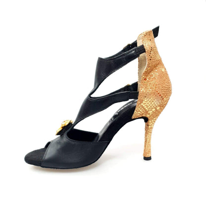 Sandalo donna Outlet Anna in pelle nera con tacco pitonata oro e inserto con spilla Swarovski colorata, scarpa elegante e raffinata
