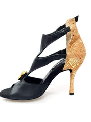 Load image into Gallery viewer, Anna - Woman&#39;s Sandal in Black Leather and Heel in Gold Python Leather with Brooch insert in colored Swarovski stones
