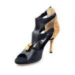 Load image into Gallery viewer, Anna - Woman&#39;s Sandal in Black Leather and Heel in Gold Python Leather with Brooch insert in colored Swarovski stones
