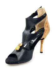 Load image into Gallery viewer, Anna - Woman&#39;s Sandal in Black Leather and Heel in Gold Python Leather with Brooch insert in colored Swarovski stones

