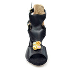 Load image into Gallery viewer, Anna - Woman&#39;s Sandal in Black Leather and Heel in Gold Python Leather with Brooch insert in colored Swarovski stones
