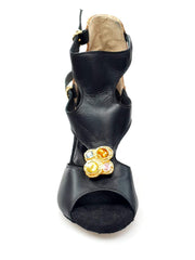 Load image into Gallery viewer, Anna - Woman&#39;s Sandal in Black Leather and Heel in Gold Python Leather with Brooch insert in colored Swarovski stones
