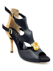 Load image into Gallery viewer, Anna - Woman&#39;s Sandal in Black Leather and Heel in Gold Python Leather with Brooch insert in colored Swarovski stones
