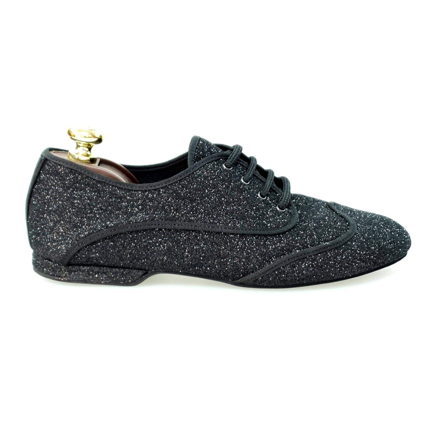 Scarpa jazz Billie New York Jazz Plus in glitter nero con profilo nero, ideale per danza e performance artistica, vista frontale.