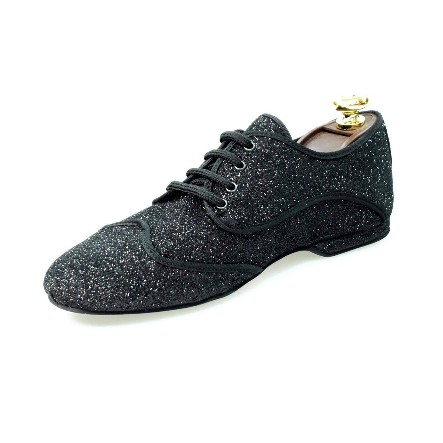 Scarpa jazz Billie New York Jazz Plus in glitter nero con profilo nero, scarpa da ballo elegante e brillante.