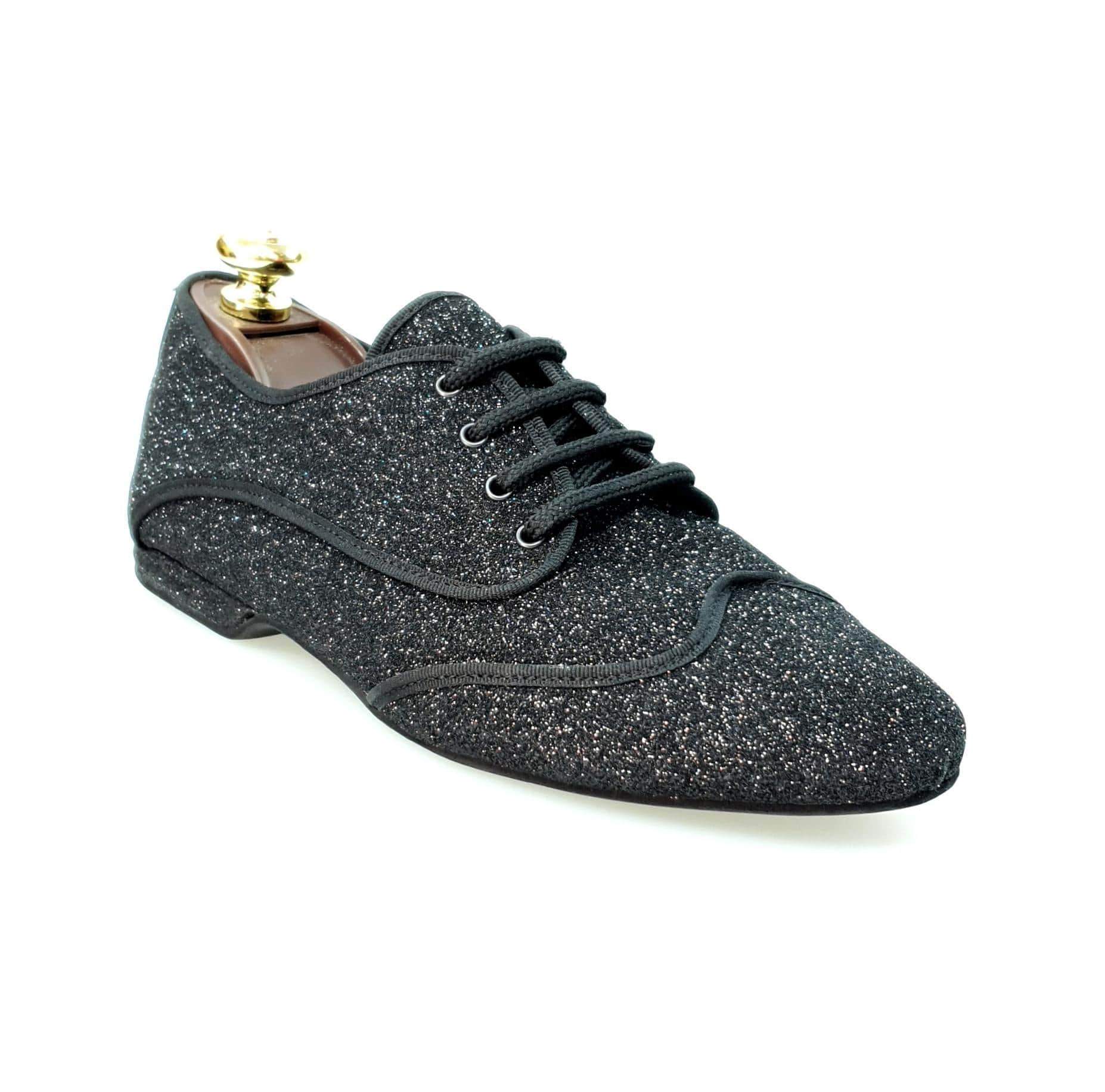 Scarpa jazz Billie New York Jazz Plus in glitter nero con profilo nero, scarpa da ballo elegante e brillante.