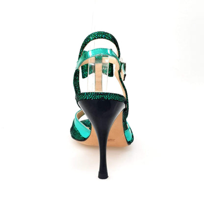 Sandalo donna D'orsay 1587 in laminato verde con fiocco e tacco a spillo smaltato nero, modello elegante e sofisticato
