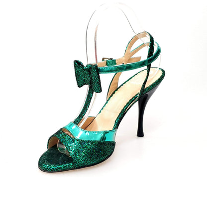 Sandalo da donna D'orsay 1587 in pelle laminata verde con fiocco e tacco a spillo smaltato nero, modello elegante.