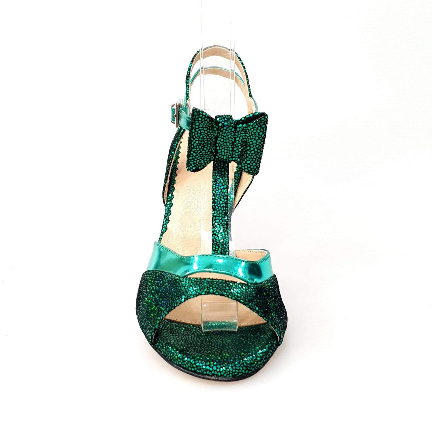 Sandalo donna D'orsay 1587 in laminato verde con fiocco e tacco a spillo smaltato nero