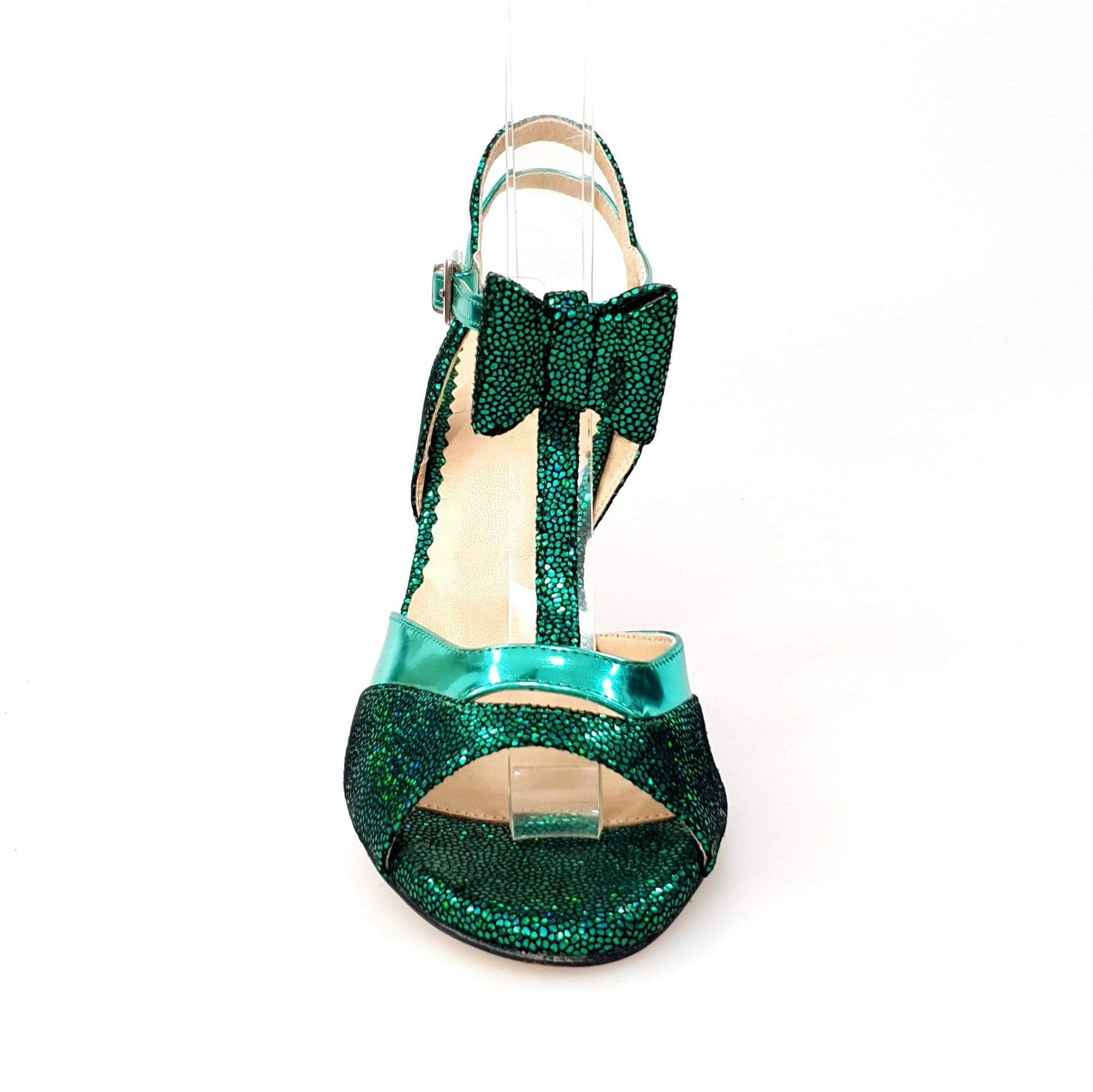 Sandalo donna D'orsay 1587 in laminato verde con fiocco e tacco a spillo smaltato nero