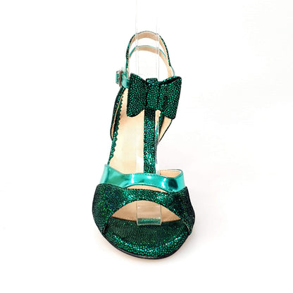 Sandalo donna D'orsay 1587 in laminato verde con fiocco e tacco a spillo smaltato nero
