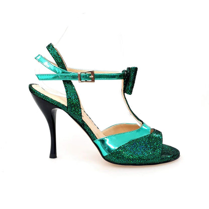 Sandalo donna D'orsay 1587 in pelle laminata verde con fiocco e tacco a spillo smaltato nero, stile elegante e femminile