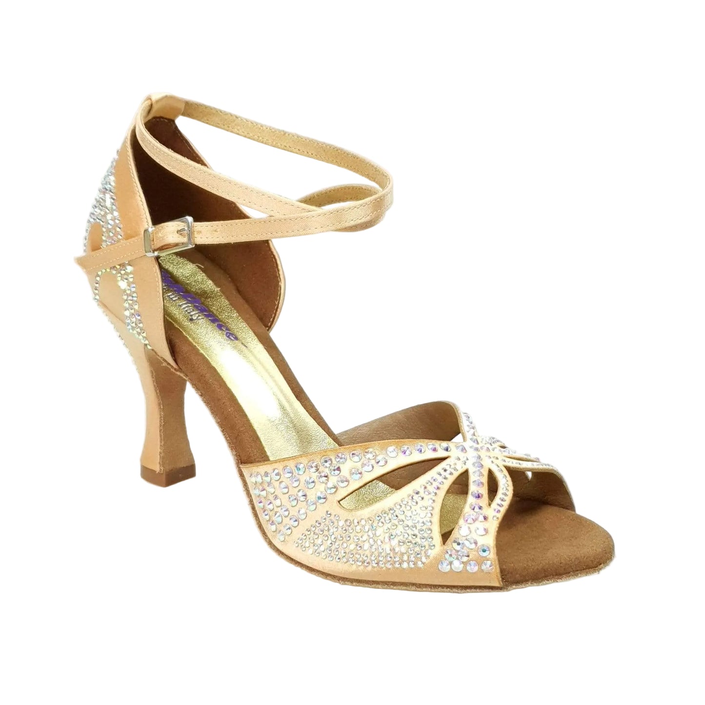 Scarpa da ballo in raso seta carne con Swarovski e tacco a rocchetto, modello Deluxe Butterfly di Wish Dance Shop.