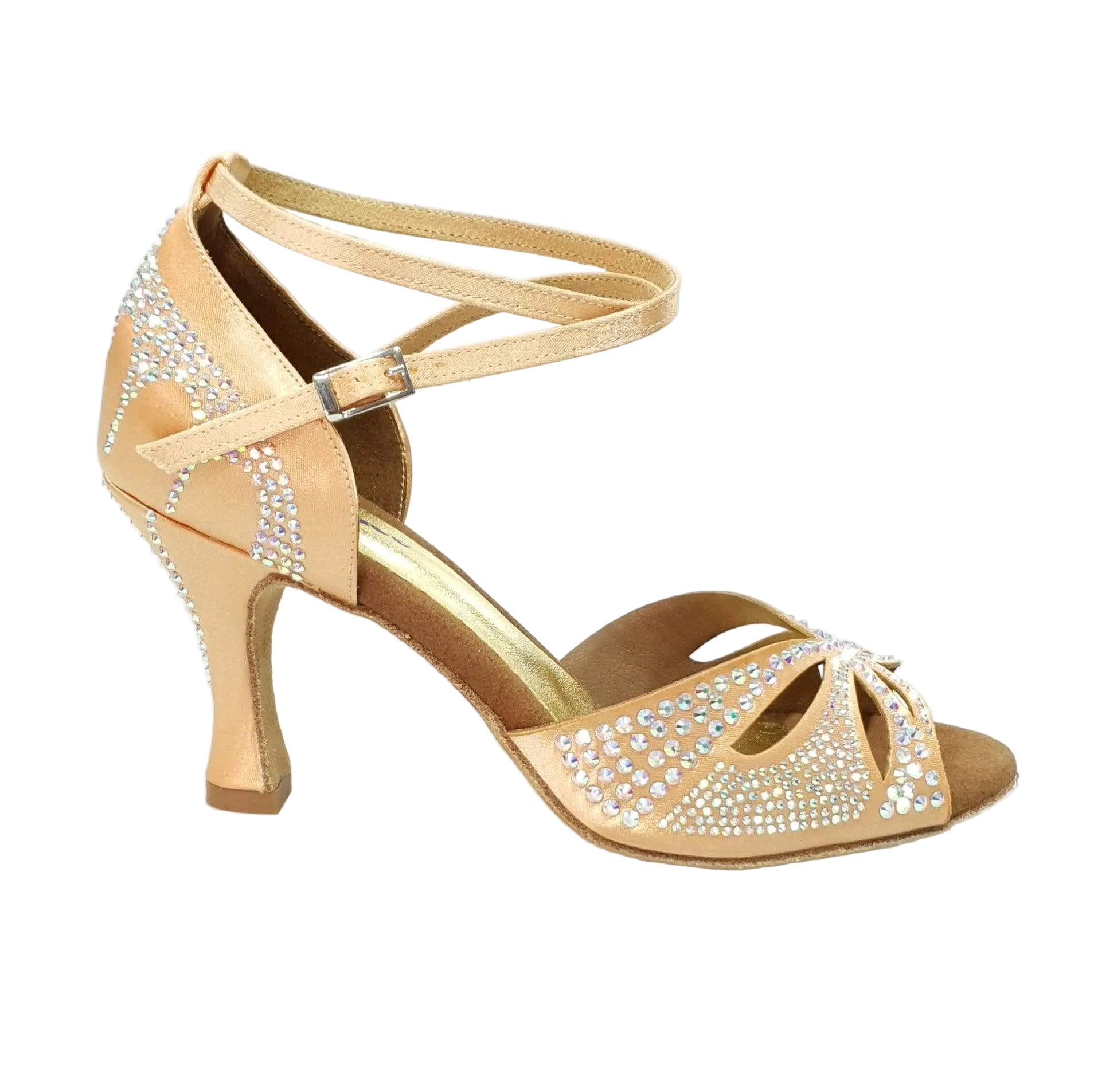 Scarpa da ballo in raso seta carne con Swarovski e tacco a rocchetto, modello Deluxe Butterfly (L2) di Wish Dance Shop.