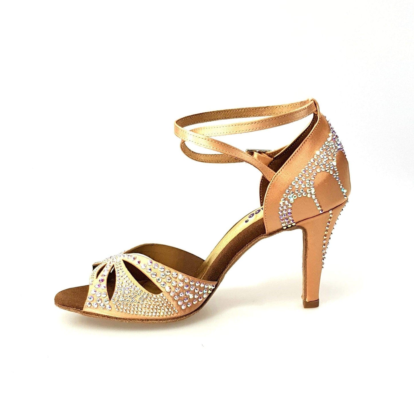 Scarpa da ballo in raso seta carne con Swarovski e tacco a spillo largo, modello Deluxe Butterfly di Wish Dance Shop