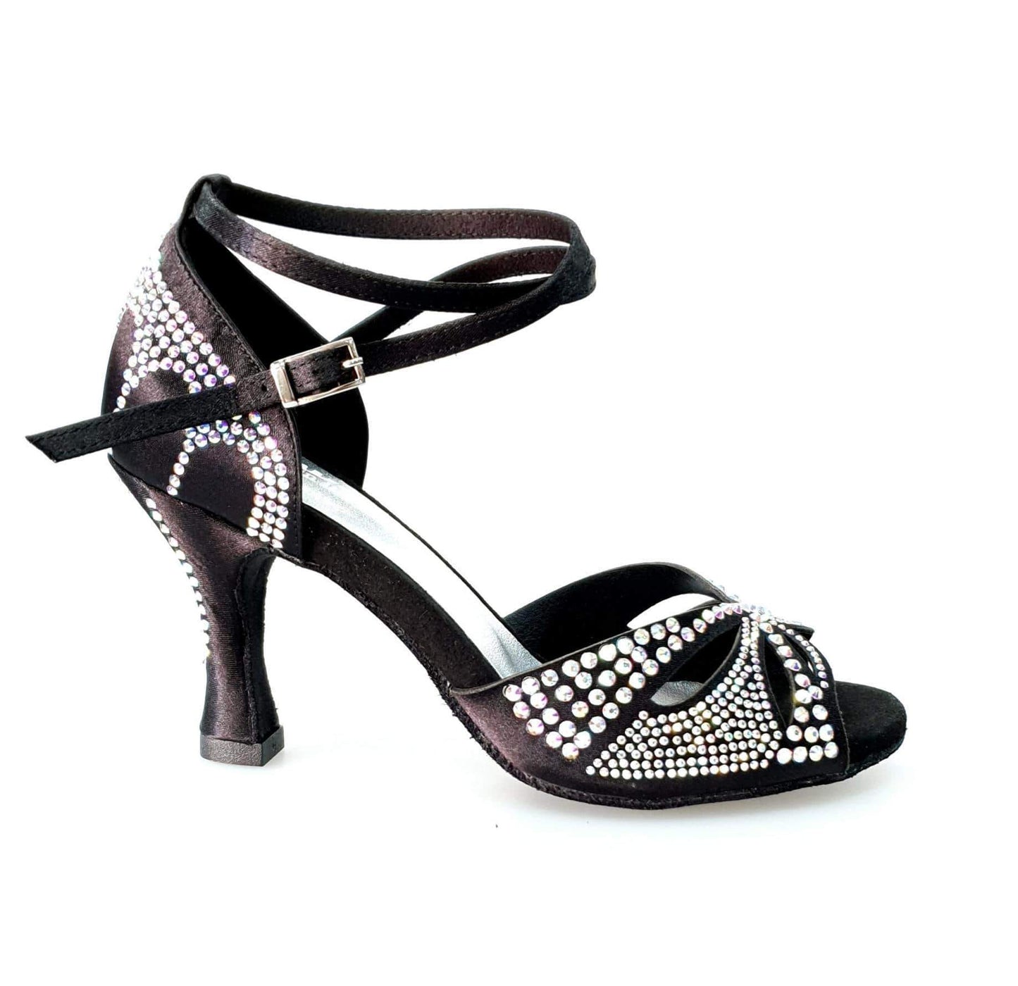 Scarpa da ballo in raso seta nera con Swarovski e tacco a rocchetto, modello Deluxe Butterfly di Wish Dance Shop.