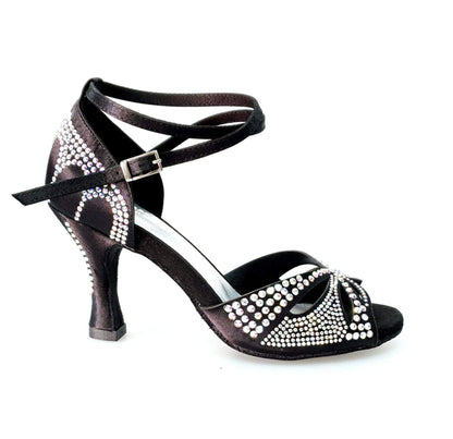 Scarpa da ballo in raso seta nera con Swarovski e tacco a rocchetto, modello Deluxe Butterfly di Wish Dance Shop.