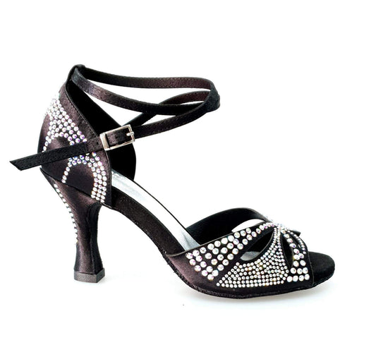 Scarpa da ballo in raso seta nera con Swarovski e tacco a rocchetto, modello Deluxe Butterfly di Wish Dance Shop.