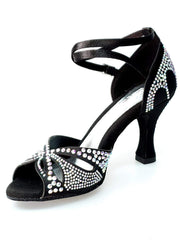 Carica immagine nella Galleria, Wish Dance Shop Deluxe - Scarpa da Ballo in Raso Seta Nera con Swarovski e Tacco a Rocchetto
