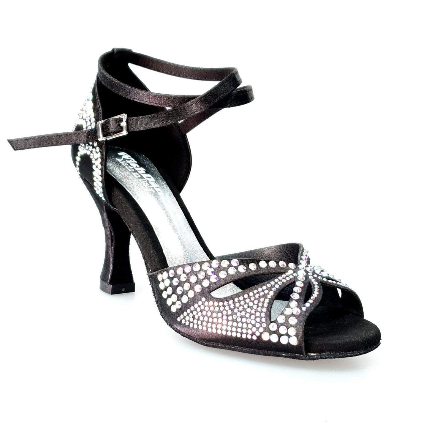 Scarpa da ballo in raso seta nera Wish Dance Shop con Swarovski e tacco a rocchetto, elegante e raffinata per ballo.