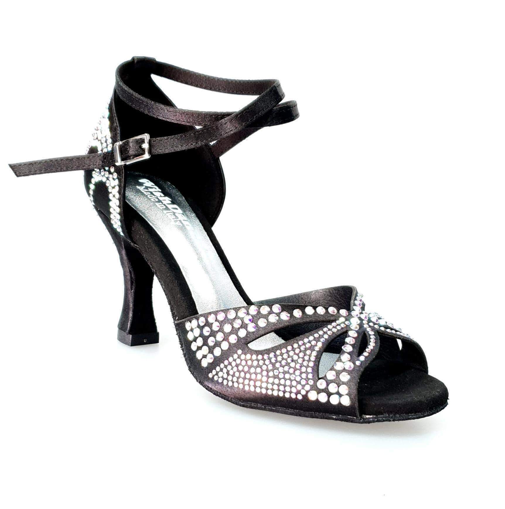 Scarpa da ballo in raso seta nera Wish Dance Shop con Swarovski e tacco a rocchetto, elegante e raffinata per ballo.