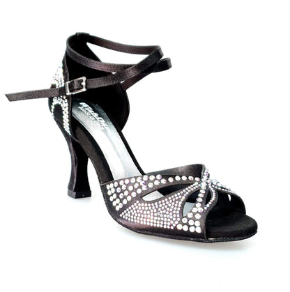 Scarpa da ballo in raso seta nera Wish Dance Shop con Swarovski e tacco a rocchetto, elegante e raffinata per ballo.