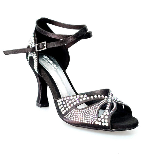 Scarpa da ballo in raso seta nera Wish Dance Shop con Swarovski e tacco a rocchetto, elegante e raffinata per ballo.