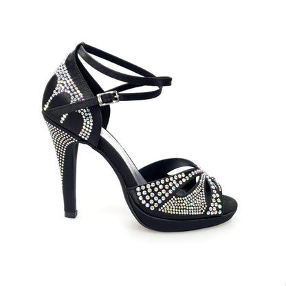 Scarpa da ballo Deluxe Plus Wish Dance Shop in raso seta nera con Swarovski, tacco alto a spillo largo e plateau flessibile
