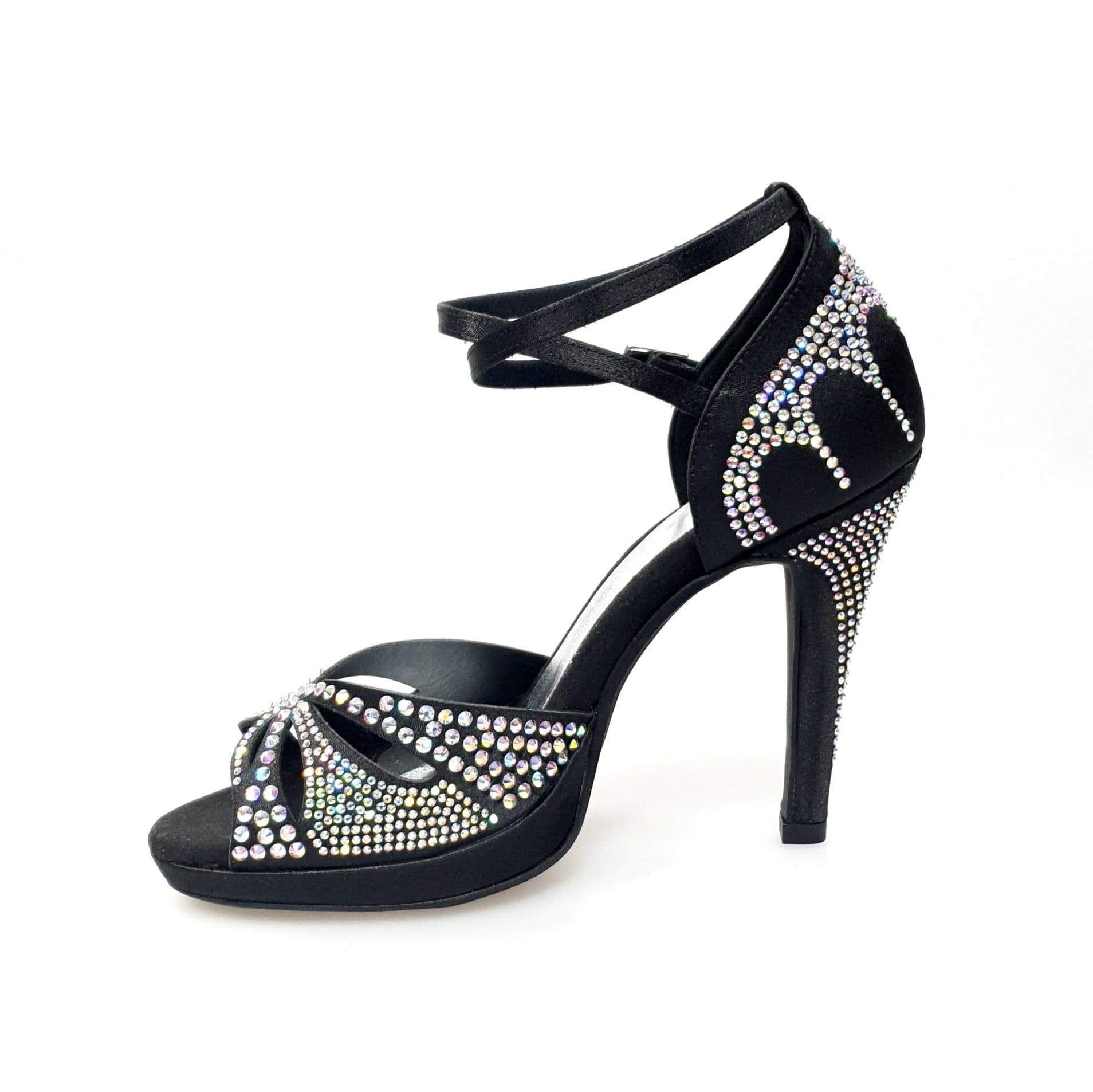 Scarpa da ballo in raso seta nera Wish Dance Shop Deluxe Plus con Swarovski, tacco a spillo largo e plateau flessibile.