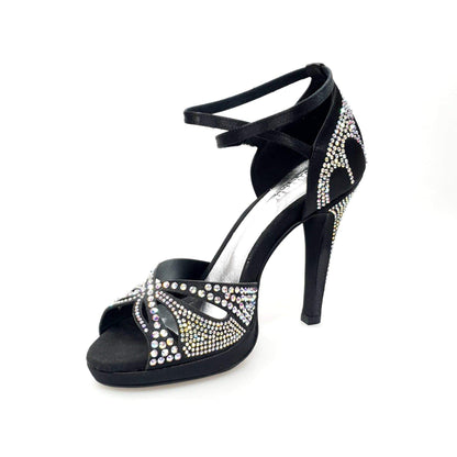 Scarpa da ballo in raso seta nera Wish Dance Shop, con Swarovski, tacco a spillo largo e plateau flessibile.