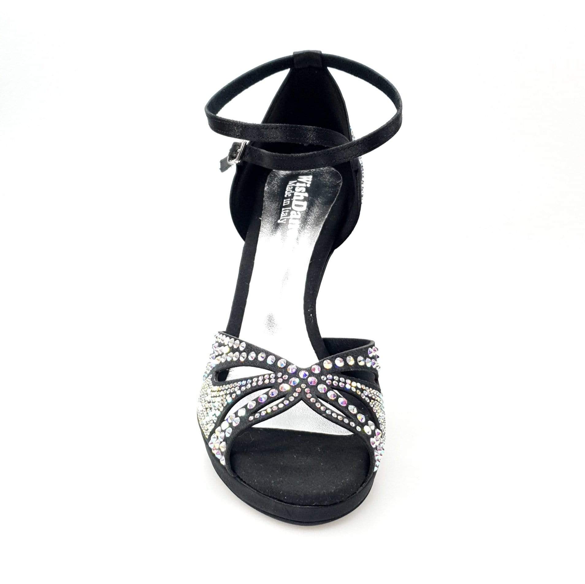 Scarpa da ballo in raso seta nera Wish Dance Shop Deluxe Plus con Swarovski, tacco alto a spillo e plateau flessibile.