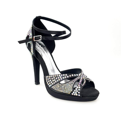 Scarpa da ballo in raso seta nera Wish Dance Shop con Swarovski, tacco a spillo largo e plateau flessibile.