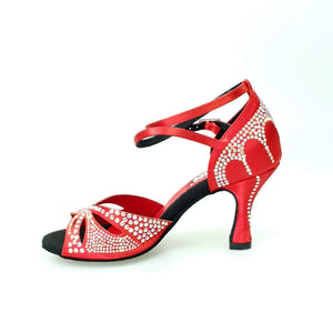 Deluxe (L2) - Red Silk Satin Dance Shoe with Swarovski and Spool Heel
