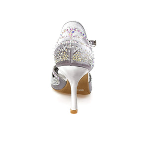DADA Diamond QA (L5) - Scarpa da Ballo in Raso Grigio Scuro Carbon con Swarovski Boreali e Tacco a Stiletto Laminato Argento