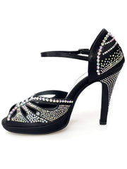 Carica immagine nella Galleria, DADA Diamond QA (LP5) - Scarpa da Ballo in Raso Nero Con Swarovski Tacco alto a Spillo Largo e Plateau Confort  Flex
