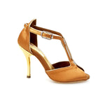 Load image into Gallery viewer, Fascino (401) - Woman&#39;s Sandal in Bronze Silk Satin with Gold Stiletto Heel
