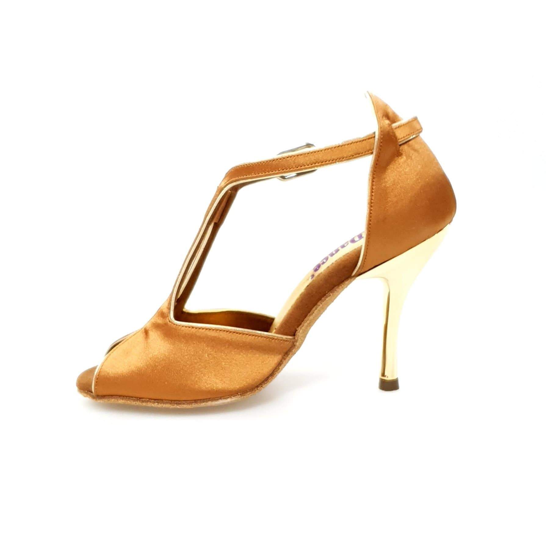 Sandalo da donna Wish Dance Shop in raso bronzo con tacco a spillo oro, elegante e raffinato.
