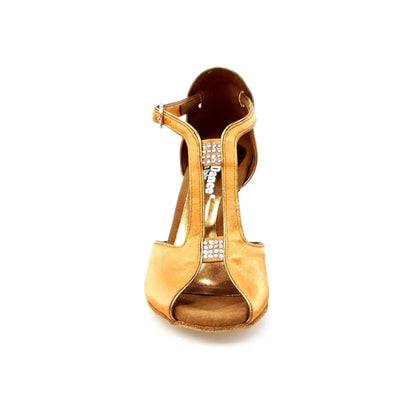 Sandalo da donna Wish Dance Shop ELIDE (401) in raso di seta rame con tacco laminato oro ramato a rocchetto.