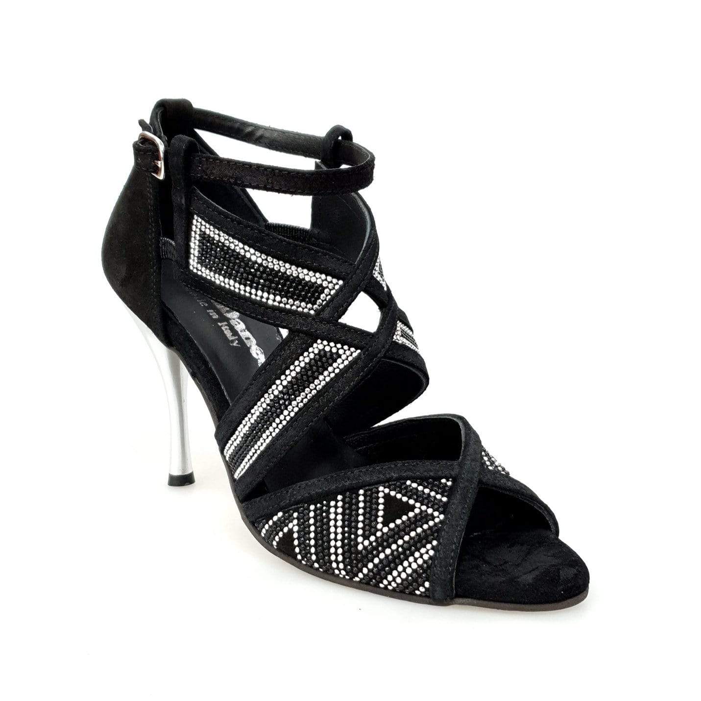 Scarpa da donna JULIJA (Glam) in camoscio nero con miniborchie argento e Swarovski neri, tacco a spillo laminato argento.