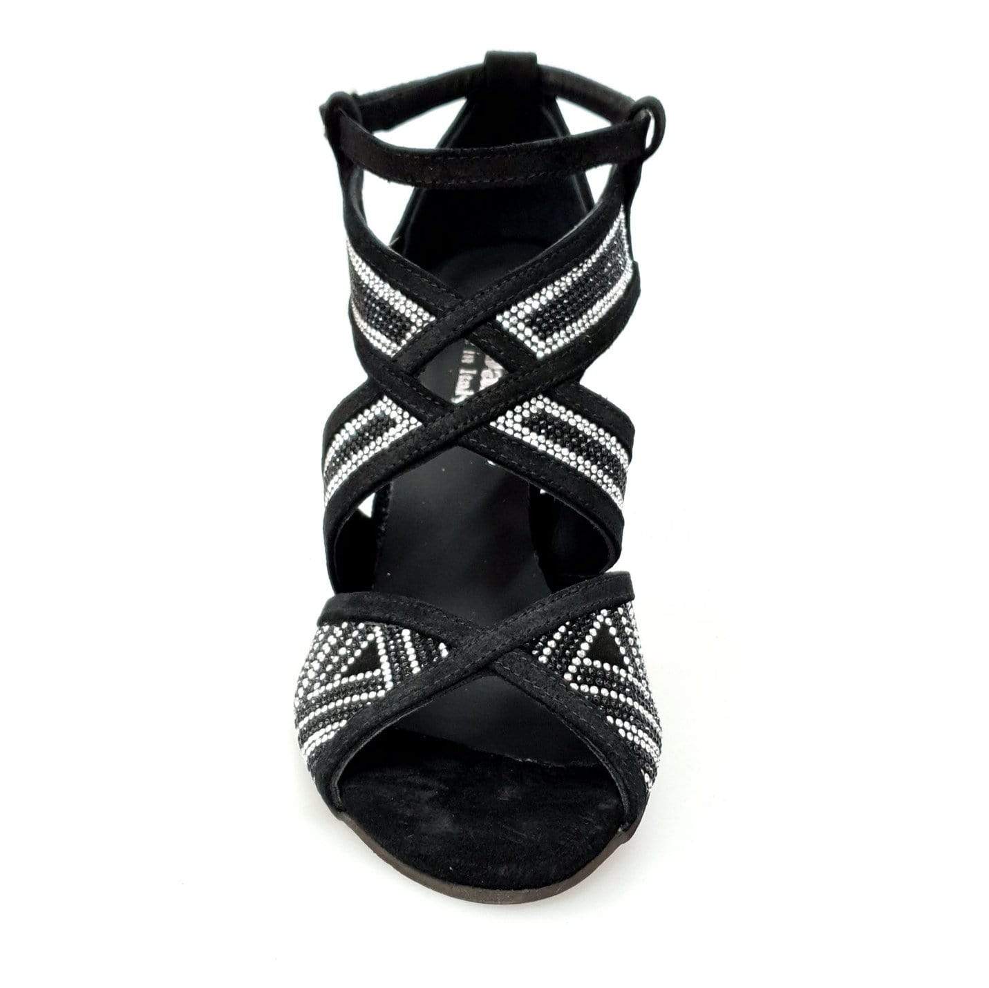 Scarpa da donna Julija Glam in camoscio nero con miniborchie argento e Swarovski neri, tacco a spillo laminato argento.