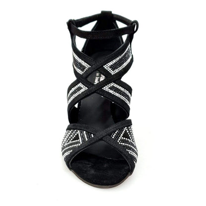 Scarpa da donna Julija Glam in camoscio nero con miniborchie argento e Swarovski neri, tacco a spillo laminato argento.