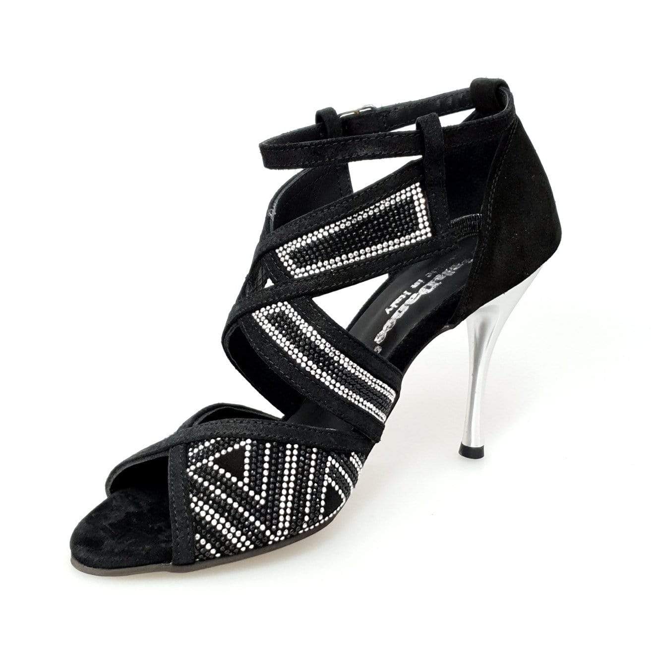 Scarpa donna Julija Glam in camoscio nero con miniborchie argento e Swarovski neri, tacco a spillo laminato argento, elegante e alla moda