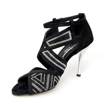 Scarpa donna Julija Glam in camoscio nero con miniborchie argento e Swarovski neri, tacco a spillo laminato argento, elegante e alla moda