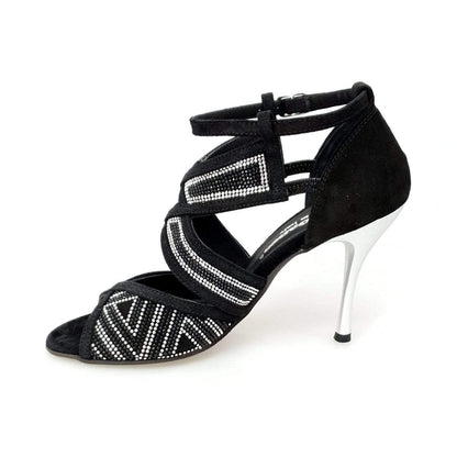 Scarpa donna Julija Glam in camoscio nero con miniborchie argento, Swarovski neri e tacco a spillo laminato argento.