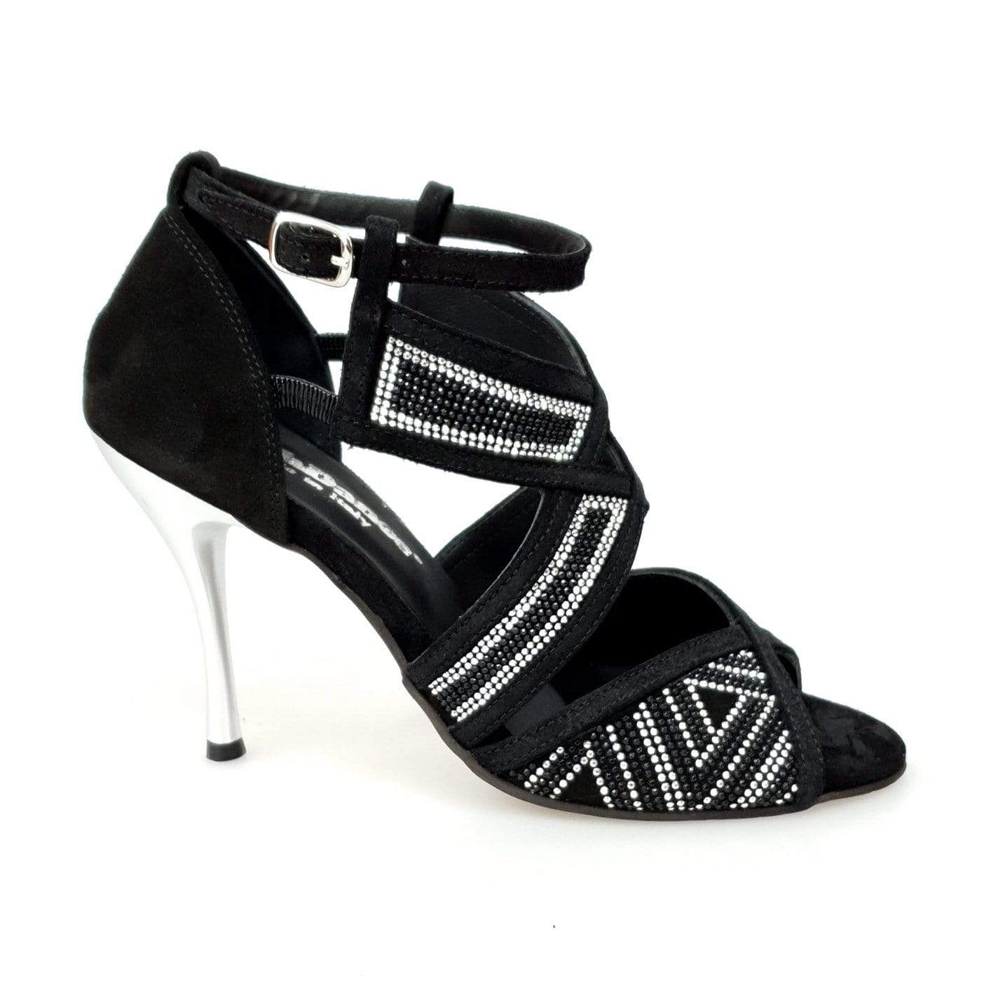 Scarpa da donna JULIJA Glam in camoscio nero con miniborchie argento e Swarovski neri, tacco a spillo laminato argento.