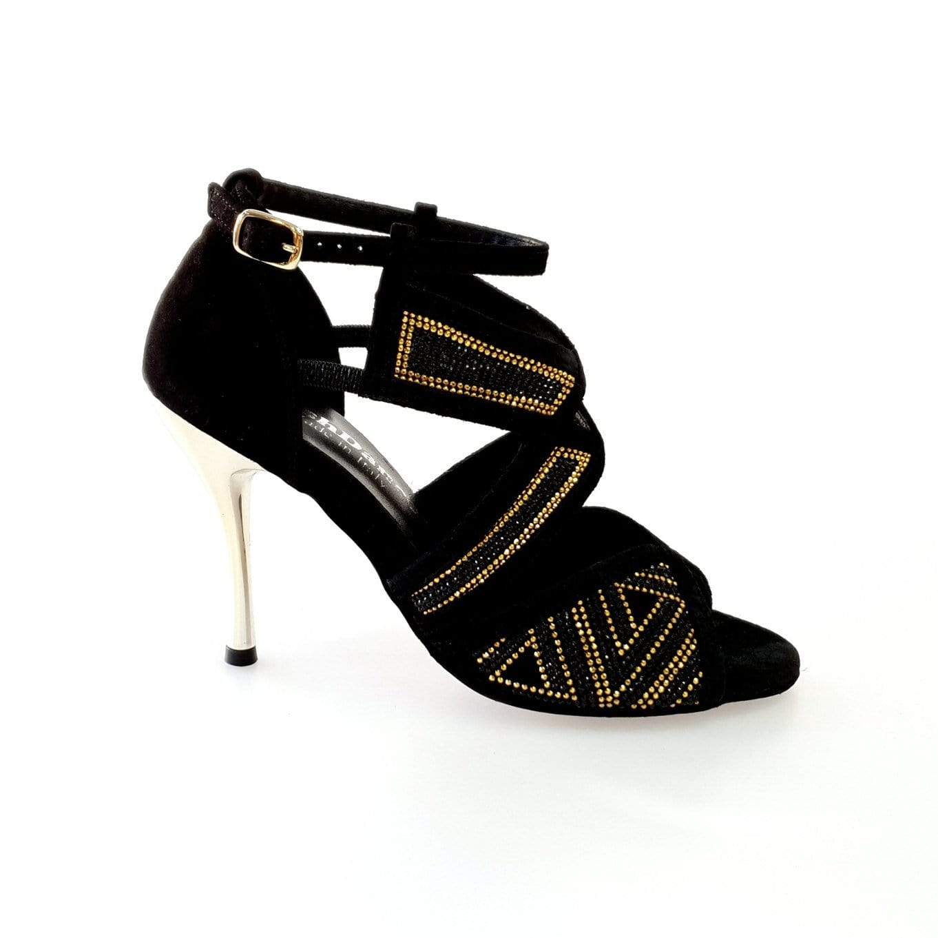 Scarpa da donna Julija Glam in camoscio nero con miniborchie oro, Swarovski neri e tacco a spillo laminato oro, elegante e sofisticata