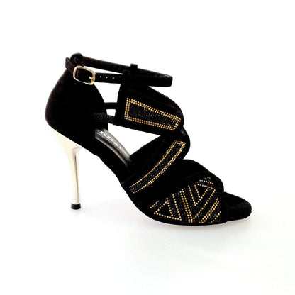 Scarpa da donna Julija Glam in camoscio nero con miniborchie oro, Swarovski neri e tacco a spillo laminato oro, elegante e sofisticata