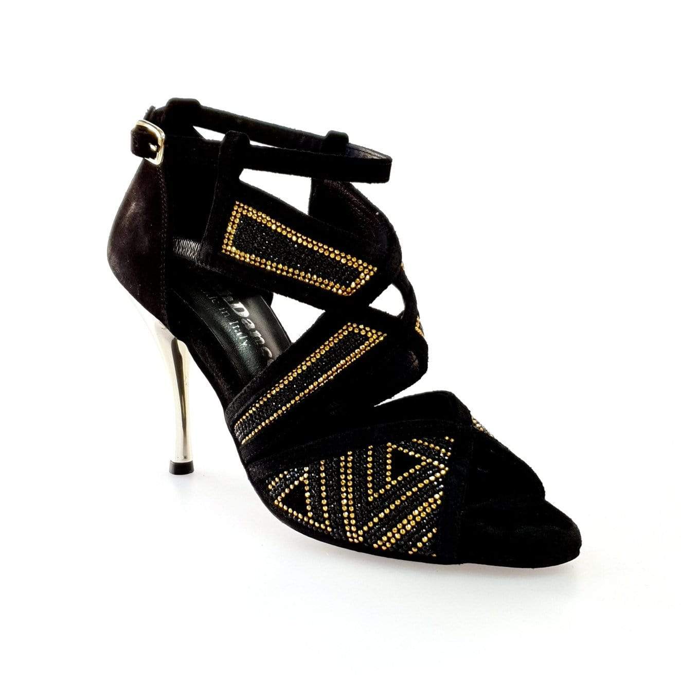 Scarpa da donna Julija Glam in camoscio nero con miniborchie oro, Swarovski neri e tacco a spillo laminato oro