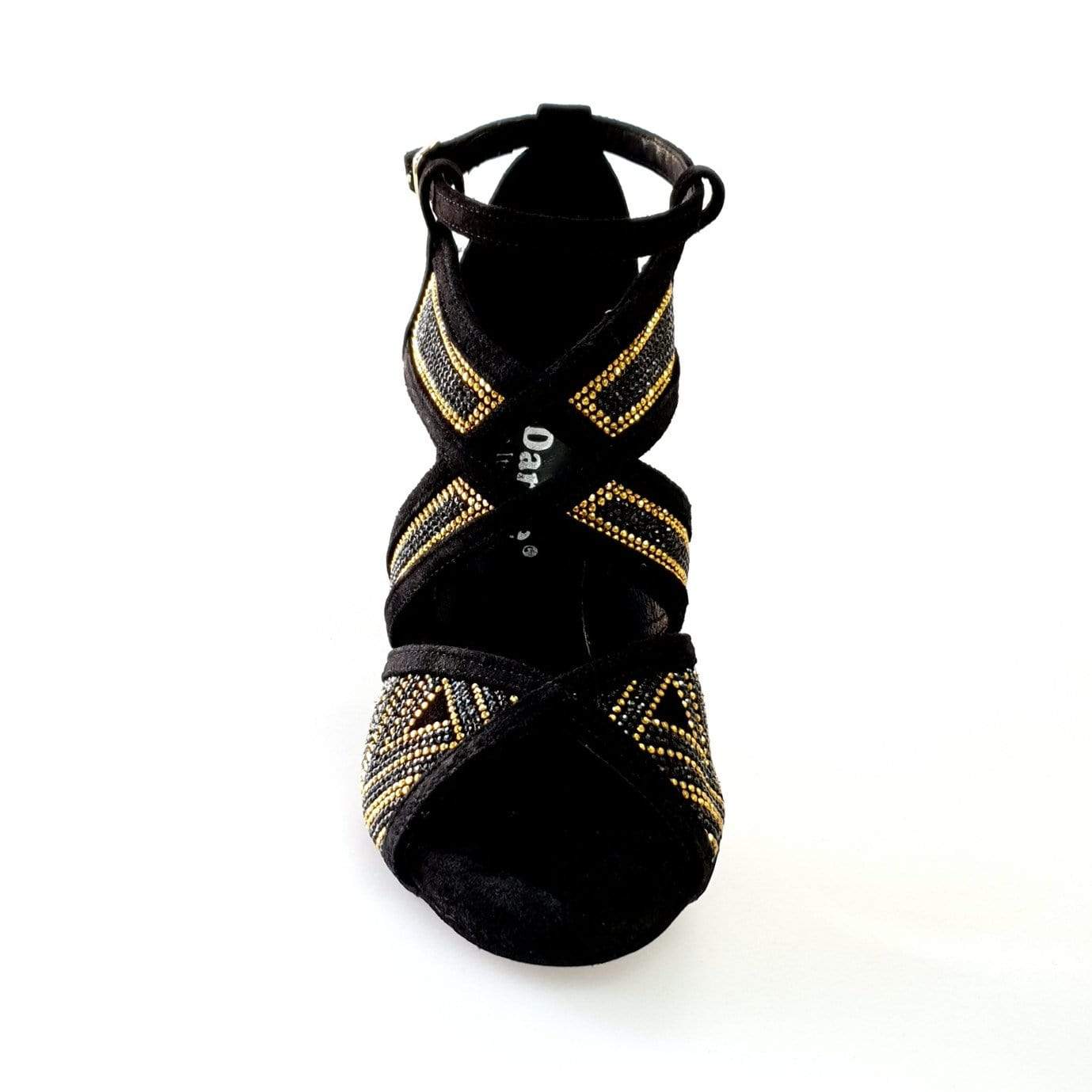 Scarpa donna JULIJA Glam in camoscio nero con miniborchie oro e Swarovski neri, tacco a spillo laminato oro.